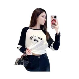 Miumiues Shirt Designer Luxury Fashion Womens Blouses Early Autumn New Sticker Embroidery Letter Bottom Top Long Sleeve T-shirt Female