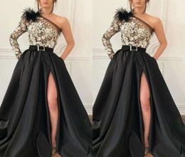 Modern One Shoulder Black Satin A Line Evening Gown Long Sleeve Appliques Front Split Long Prom Dresses For Special Occasion Wear5260683