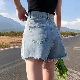 Feynzz Fashion Summer Women High Waist Button Wigh Leg Jeans Shorts Casual Female Loose Fit Blue Denim 240415