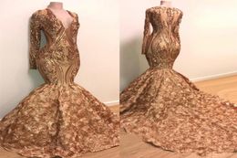 Sparkly Gold Sequins Applique Prom Dresses with Long Sleeve 2019 Vneck Sweep Train Luxury 3D Floral Bottom African Evening Party 1459854