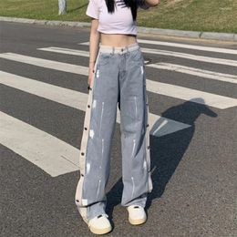 Women's Jeans Printing Graffiti Y2K Women With Side Button Straight Wide Leg High Waist Pants For Korean Fashion Streetwear