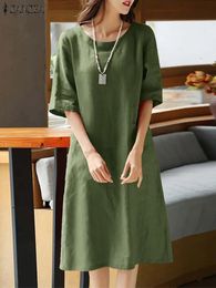 ZANZEA Summer O Neck Half Sleeve Sundress Women Vintage Solid Cotton Dress Robe Femme Casual Loose Beach Vestido Kaftan 240415