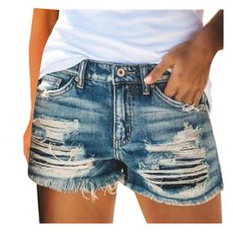 Summer Womens Denim Shorts Casual Fashion Loose Holes Ripped Jeans with Pockets Women Frayed Pant 240415