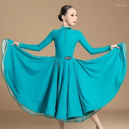 Stage Wear Blue Girls Ballroom Dance Clothing Long Sleeve Elegant Dress Modern Waltz Performance Practice Costume VDL124