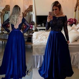 Sexy Rückenless Blue Prom Kleider Lange Illusion Ärmel