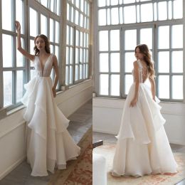 2024 Fashion Wedding Dresses Sexy Deep V Neck Appliques Lace Tiers Bridal Gowns Custom Made Open Back Sweep Train A-Line Wedding Dress