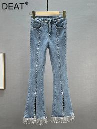 Women's Jeans High Waist Embroidered Flares Pearls Diamond Tassel Split Denim Flare Pants 2024 Autumn Fashion 29L2830