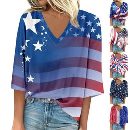 Women's T Shirts Shirt Blouse Casual Loose 3/4 Sleeve Print V Neck Tops T-shirts Tee Plus Size Clothing