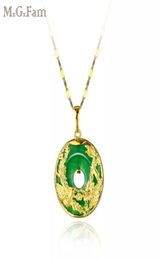 MGFam 173P Dragon and Phoenix Pendant Necklace For Women Green Malaysian Jade China Ancient Mascot 24k Gold Plated with 45cm Cha6495223