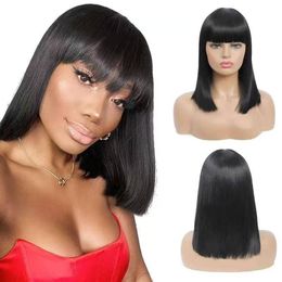 Long Straight Fashion Lady Sexy Natural Fluffy Role Playing Synthetic Bob Short Hair Black and White Women Wig Ideal for Daily Work Part 16inches