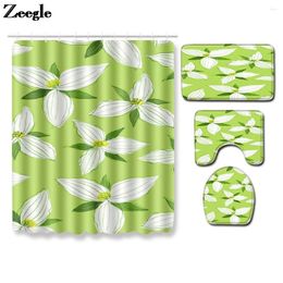 Bath Mats 4PCS Green White Floral Bathroom Mat Set With Waterproof Shower Curtain Room WC Toilet Seat Cover Rug