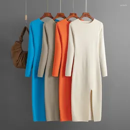 Casual Dresses ALPHALMODA 2024 Autumn/Winter Slim Fit Split Knitted Dress Women Mid Length Long Sleeved Tight Bottom Wrapped Hip Skirt