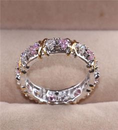 Lady039s 925 Sterling Silver pink Tanzanite Couple rings Yellow Gold Eternal Band Wedding Ring for Women Jewelry size 519952757