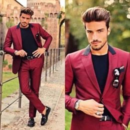 Men's Suits Men Tailor Burgundy Full Set Flat Peaked Lapel Formal Occasion Handsomen Blazer Style 2 Piece Jacket Pants Ropa Hombre