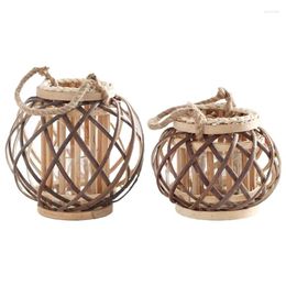 Candle Holders Retro Hand-woven Twine Wicker Lantern Tealight Holder Vintage Wooden Hanging G32D