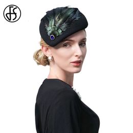 FS French Royalblue Beret Wedding Hats Fascinators For Women Wool Felt Caps Elegant Church Cocktail Party Fedoras With Feather 240412