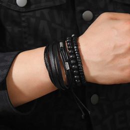 Other Bracelets Leather Bracelet Men Hand-woven Beaded Leather Bracelet Multi-layer Set with Adjustable Bracelet Charm Bracelet Men AccessoriesL240415