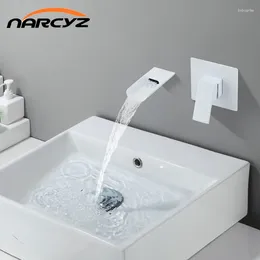 Bathroom Sink Faucets Basin Wall Mounted White Brass Waterfall Faucet Single Handle Mixer TapsZA-9414