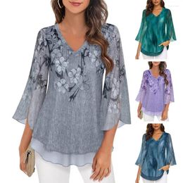 Women's T Shirts Women Elegant Floral Print Chiffon Tops V-Neck Batwing Slit 3/4 Sleeves Pullover Lace Trim Hem T-shirt