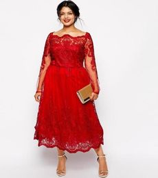 Classy Red ALine Lace Applique Plus Size Dresses Square Neck Long Sleeve TeaLength Party Prom Dress Evening Gown For Special Occ9348553