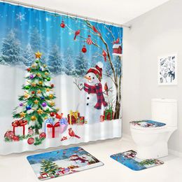 Shower Curtains Christmas Curtain Bath Mats Set Xmas Tree Gift Red Bird Snowman Winter Forest Scenery Bathroom Decor Rug Toilet Lid Cover