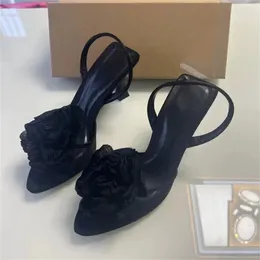 Dress Shoes 2024 Summer Pointed Shallow Mouth Mesh Rose Blossom Open Toe Black Slim High Heels Back Tie Heel Sandals For Women