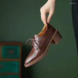 Dress Shoes EAGSITY Genuine Leather Women Square Heel Pointed Toe Oxford Derby Casual Fashion Ladies Brown