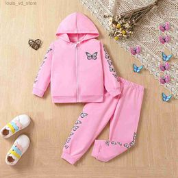 Clothing Sets Spring and autumn girls long-sleeved fashion streamlined cotton jacket + trousers baby butterfly print hooded sweater suit T240415