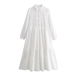 TRAF Embroidery White Dresses Woman Cut Out Midi Shirt Dress Women Ruffle Summer Beach Long Loose Casual 240415