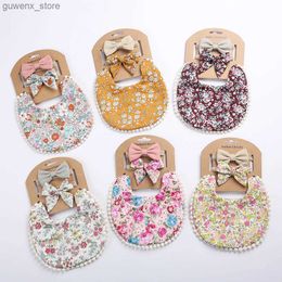 Bibs Burp Cloths 3Pcs Baby Headband Tassel Saliva Towel Floral Print Newborn Double Side Bibs Boys Girls Bandana Burp Cloths Feeding Smock Stuff Y240415Y240417ULDF