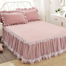 Pink Lace Lotus Leaf Bed Skirts Princess Style Solid Colour Bedspread Cover NonSlip Sheets Without Pillowcase 240415