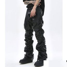 Men'S Pants Mens Hip Hop Pleated Pu Leather Harajuku Retro Streetwear Loose Ruched Casual Trousers Straight Solid Drop Delivery Appar Dhkvy