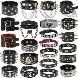 Other Bracelets Punk Hip Hop Rock PU Leather Bracelet Unisex Trendy Chain Skull Pentagram Rivet Bracelet Party Jewellery AccessoriesL240415