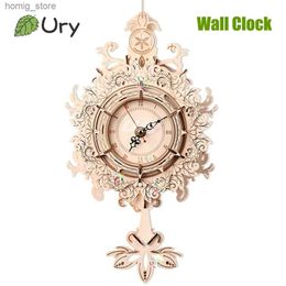 3D Puzzles URY 3D Wooden Puzzle Retro Wall Clock Mechanical Model Building Luxurious Style Pendulum Assembly Home Decoration for Kids Gifts Y240415