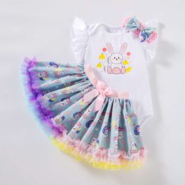Pasqua 2024 Nuovo abbigliamento per bambini Cartoon Rabbit Piccole maniche volanti a cuore Set di gonne di coniglio stampato