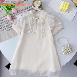 Girl's Dresses Bear Leader Summer Dress New Girls Chinese Qipao Mesh Pearl Applique Dress Childrens Kids Sweet Fashion Short Sleeve Dress Y240415