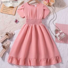 Girl's Dresses 8-12Ys Pink Short-Sleeved Dress Kids Girls Round Neck Fashion Grace Cute Sweet Vacation Party Daily Casual Princess Dress Y240415