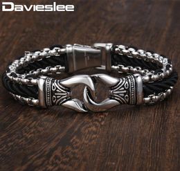 Davieslee Fashion Mens Manmade Leather Bracelet Stainless Steel Box Link Knot Charm Wristband 1213mm Gold Silver Colour DHB4968076340