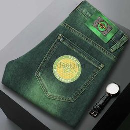 Men's Jeans designer Little Bee European Heavy Industry Green High end Jeans Men's Elastic Slim Fit Small Straight Feet Men's Denim Pants