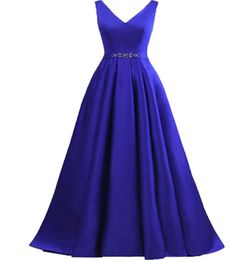 Sexy V Neck Prom Dresses A Line Sleeveless Royal Blue Satin Formal Evening Party Gowns Long Floor Length Beaded Sash robes de soir4752299