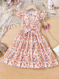 Girl's Dresses Girls Summer New Product Big Childrens Dress With Small Flying Sleeves Design For Leisure Vacation Style Flower Print Dress Y240415