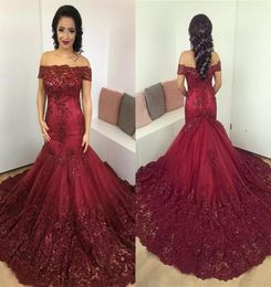 Dark Red Mermaid Off Shoulder Evening Dresses Bateau Neck Appliques Tulle Satin Dark Green Plus Size Evening Gowns Saudi Arabic Pr9686765