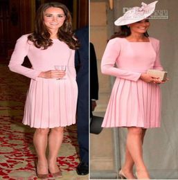 Beautiful Modern High Neck Knee Length Pink Satin kate middleton dress Formal Evening Party Dresses With Pleated4143587