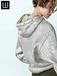 Women's Hoodies WEARMELITE In Lady Knitted Sweatshirt For Women Y2k 2024 Silver Sweater Female Hooded Pullover 3031