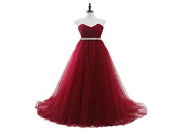 2020 Burgundy Tulle Elegant Long Prom Dresses With Crystals Sash Princess Sweetheart Women Party Evening Gowns Cheap ALine Formal5113113