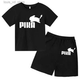 Clothing Sets Childrens Rabbit Printed Summer Leisure Short Sleeve Clothing Round Neck T-shirt for Boys Girl+shorts Set Cotton Breathable T240416