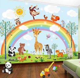 Dropship 3D Hand Painted Cartoon Rainbow Animal Kindergarten Baby Room Bedroom Wardrobe Wallpaper Wall Mural Sticker Home5695073