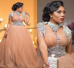 Aso Ebi Major Beading Evening Dresses Beaded Collar Short Sleeves Sequins Sash Plus Size Prom Dress Dubai Arabic vestidos de noite2473059