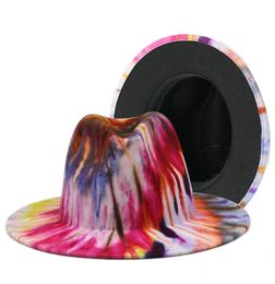 2021 New Tiedyed Top Hat Faux Wool Felt Fedora Hats for Women Girls Colorful Wide Brim Jazz Hat Winter Warm Cap5185281