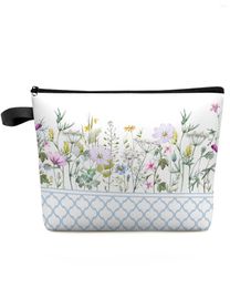 Cosmetic Bags Blue Morocco Spring Flower Wildflower White Makeup Bag Pouch Travel Essentials Women Organiser Storage Pencil Case